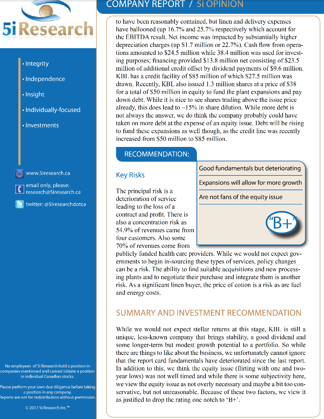 5i Research Report - KBL (TSX)